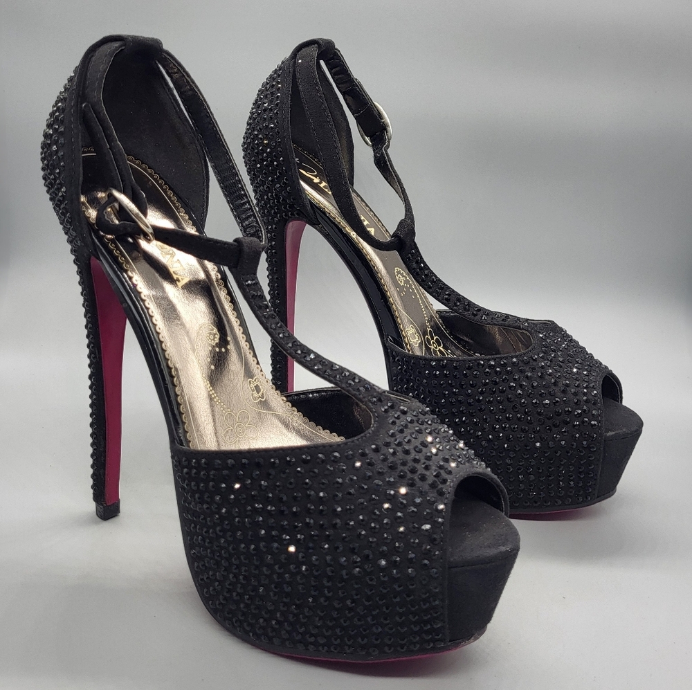 Lasonia Black Rhinestone Embellished Platform Peep-Toe Heels